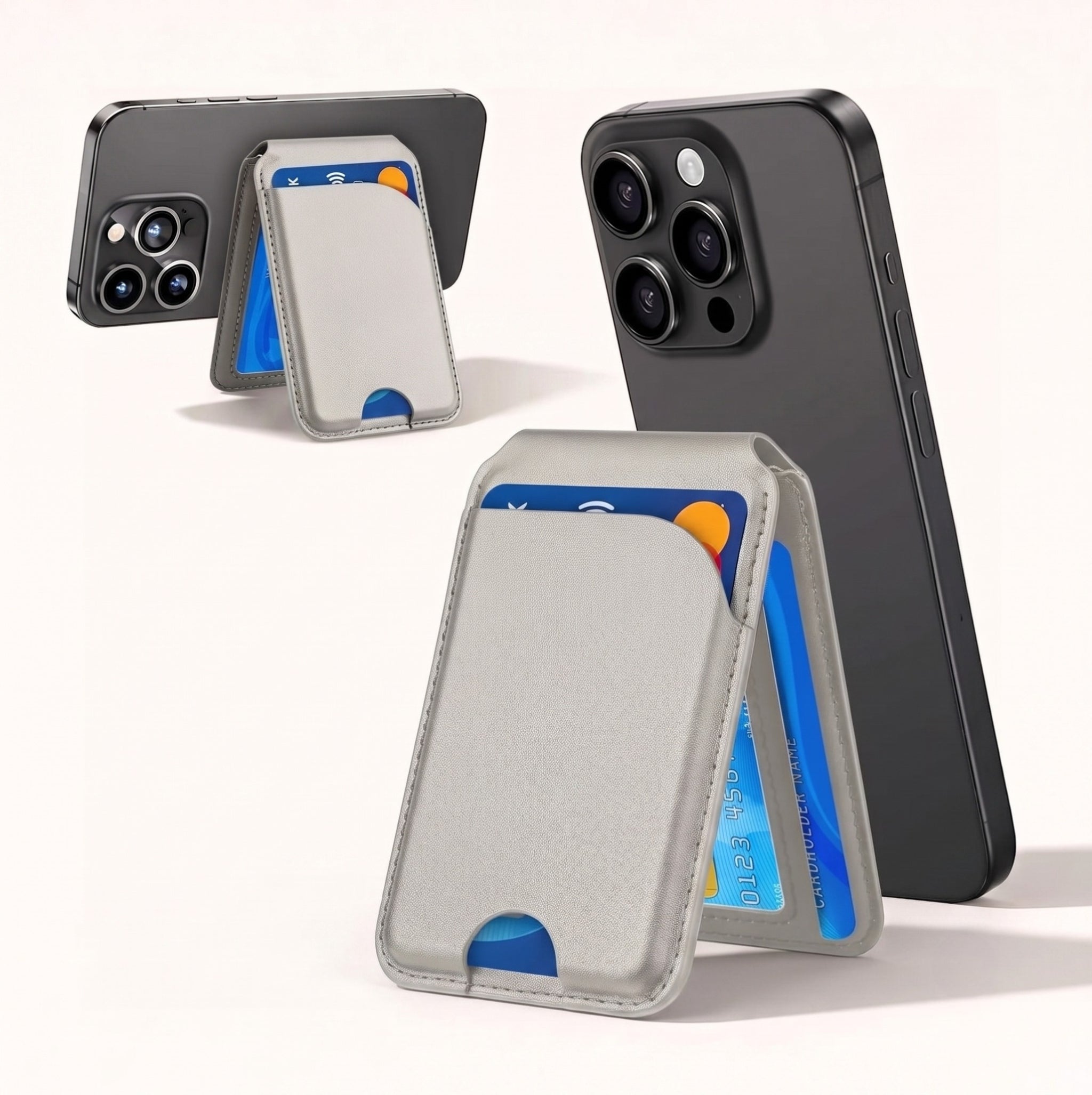 A studio product view of the By1994 silver leather magnetic wallet stand mounted on an iPhone, demonstrating its dual-functionality in both portrait browsing mode and landscape viewing mode.