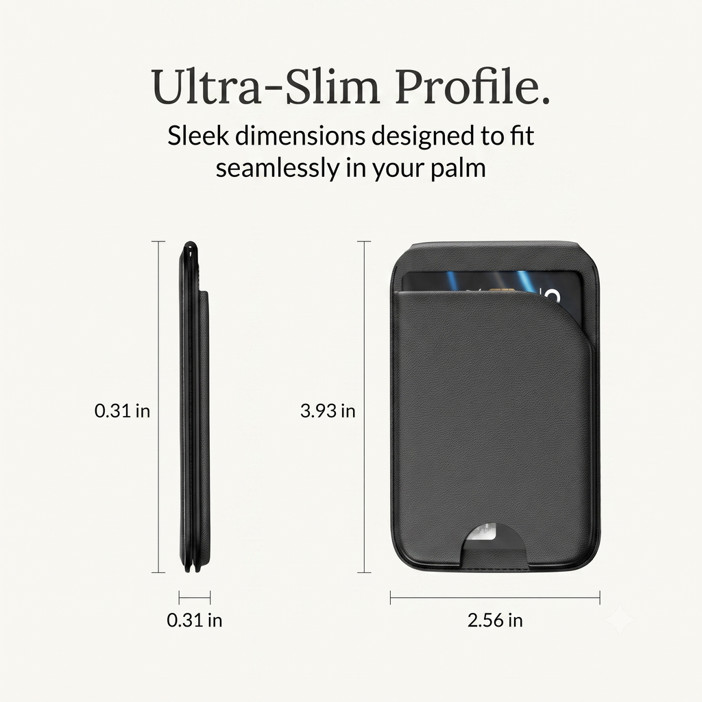 A dimensional diagram mockup highlighting the ultra-slim profile of the magnetic wallet stand, displaying exact measurements of 0.31 in thickness, 3.93 in height, and 2.56 in width, with text overlay reading Ultra-Slim Profile.
