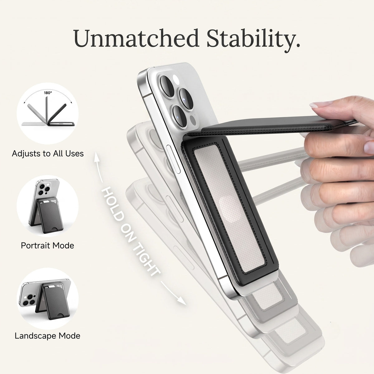 A feature graphic demonstrating the strong 180-degree adjustable hinge stability of the magnetic phone wallet stand, with insets showing Portrait Mode and Landscape Mode, and text overlay reading Unmatched Stability and Hold On Tight.