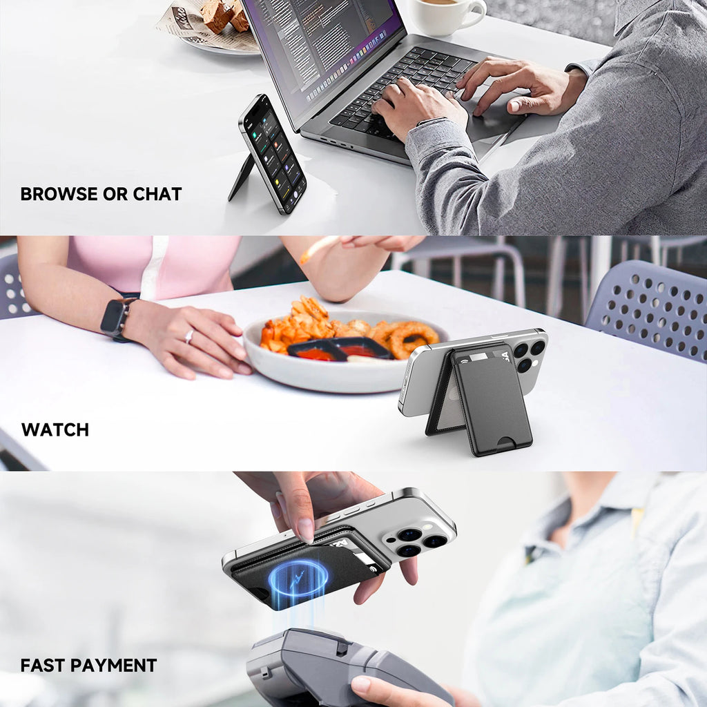 A three-panel scenario infographic highlighting daily use cases of the magnetic wallet stand: BROWSE OR CHAT at a laptop workspace desk, WATCH videos while dining, and FAST PAYMENT at a contactless checkout terminal.