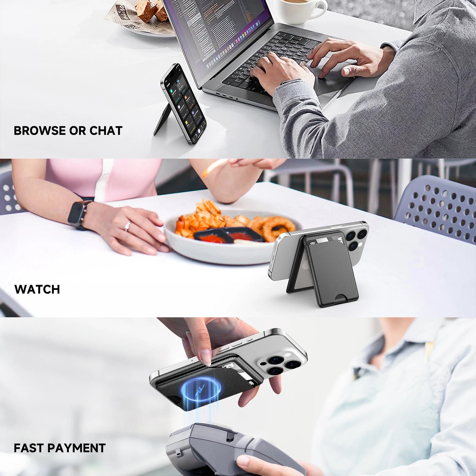 A three-panel scenario infographic highlighting daily use cases of the magnetic wallet stand: BROWSE OR CHAT at a laptop workspace desk, WATCH videos while dining, and FAST PAYMENT at a contactless checkout terminal.