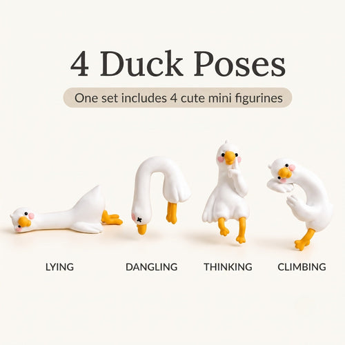 An infographic slide showcasing the complete set of 4 By1994 white resin mini duck figurines in different poses labeled Lying, Dangling, Thinking, and Climbing, with text overlay reading 4 Duck Poses. One set includes 4 cute mini figurines.