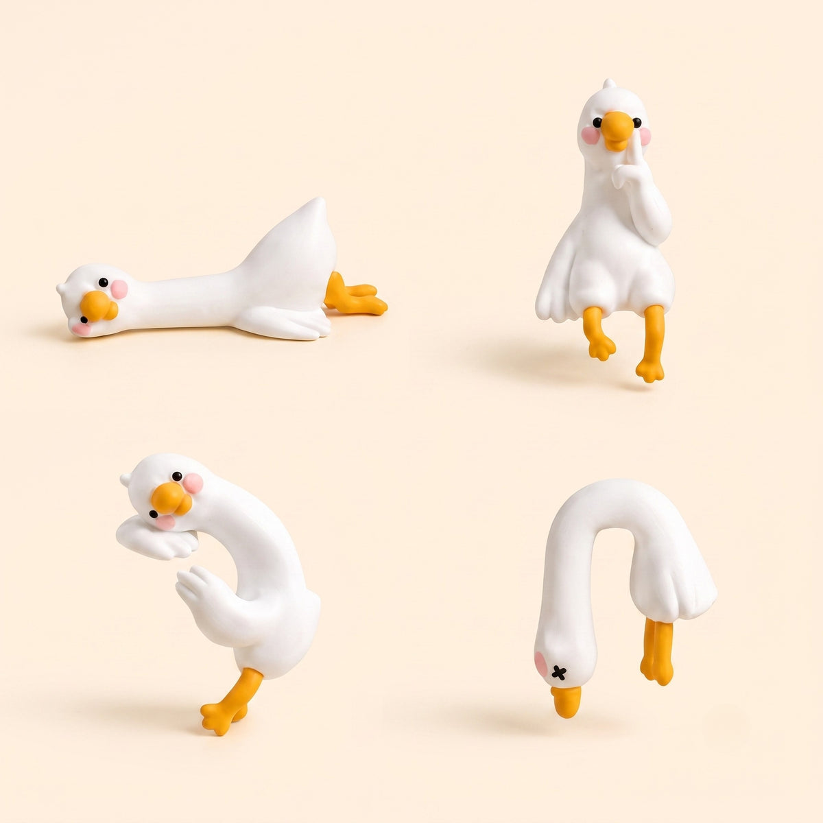 A studio grid view displaying all 4 poses of the white resin mini duck figurines arranged neatly on a cream background: Lying, Thinking, Climbing, and Dangling.