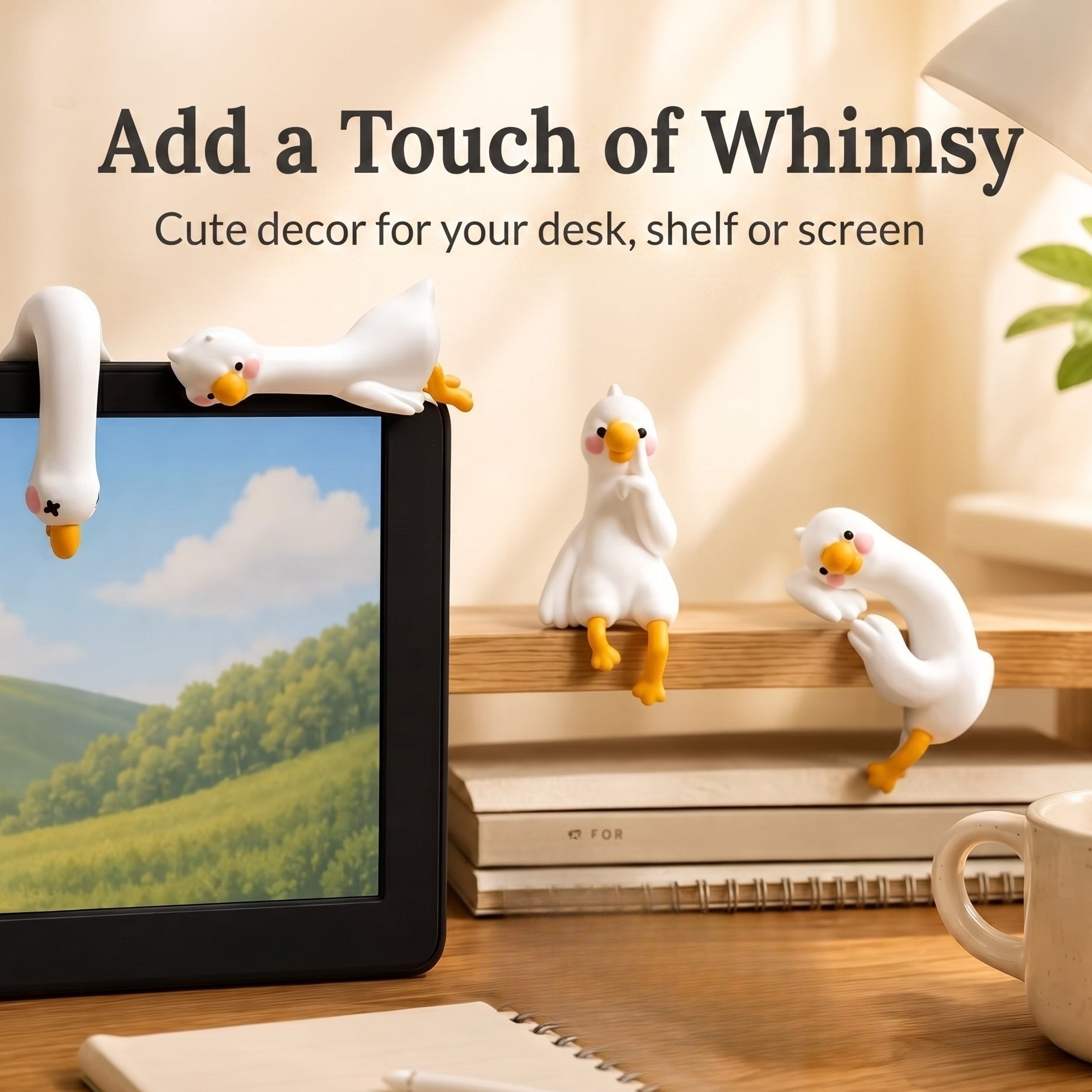 A cozy warm-toned lifestyle image featuring 4 mini duck figurines perched atop a computer screen, a wooden shelf, and a desk setup, with text overlay reading Add a Touch of Whimsy. Cute decor for your desk, shelf or screen.