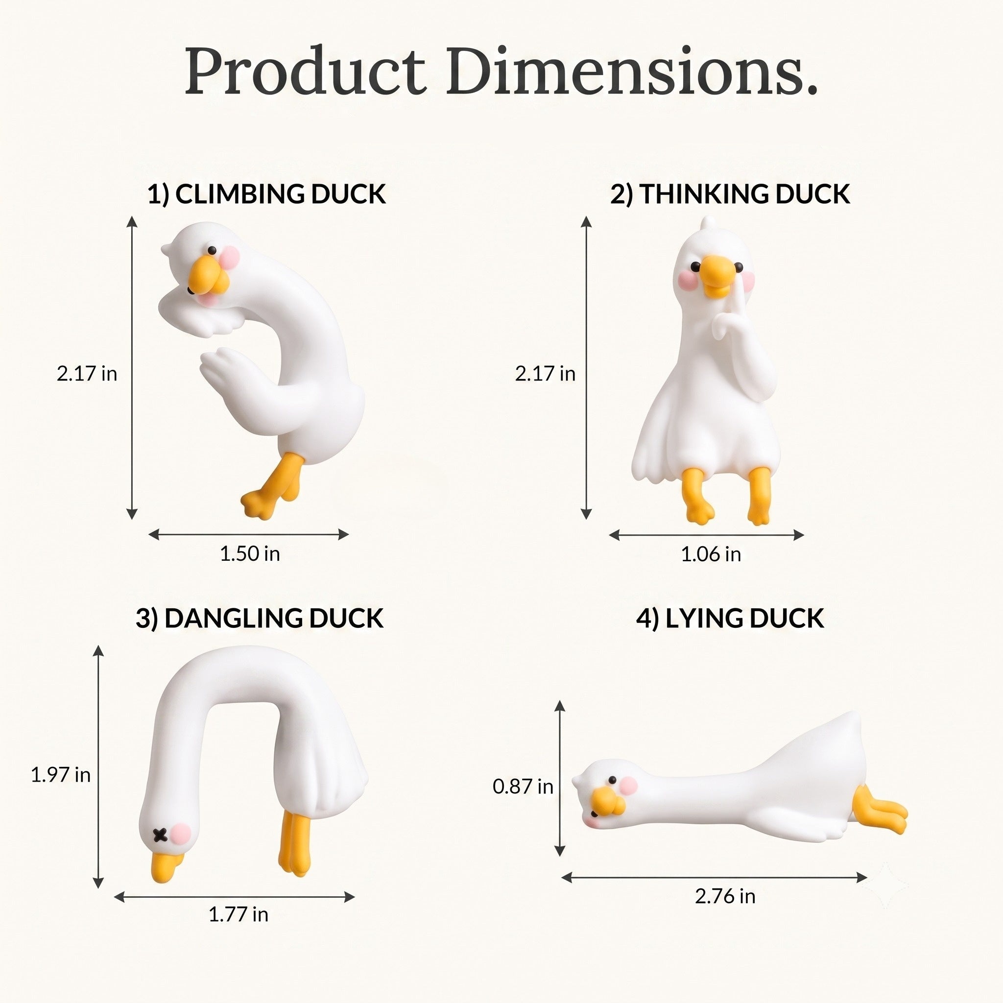 A technical dimensional infographic slide detailing exact US measurements in inches for all 4 poses: Climbing (2.17x1.50 in), Thinking (2.17x1.06 in), Dangling (1.97x1.77 in), and Lying (0.87x2.76 in), with text overlay Product Dimensions.