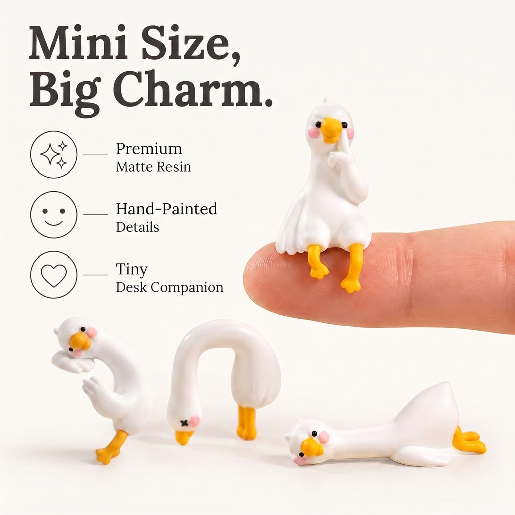 Four miniature white duck figurines with yellow beaks and feet are shown on a clean white background, with one figurine resting on a human finger to demonstrate their tiny scale. The image includes marketing text and icons highlighting premium matte resin, hand-painted details, and tiny desk companion size.
