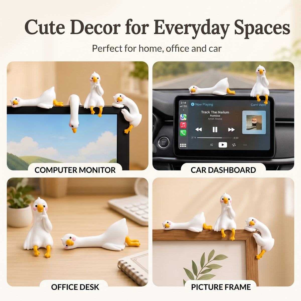 A 4-panel scenario infographic displaying versatile placement options for the mini duck figures across Computer Monitor, Car Dashboard, Office Desk, and Picture Frame, with text overlay Cute Decor for Everyday Spaces.