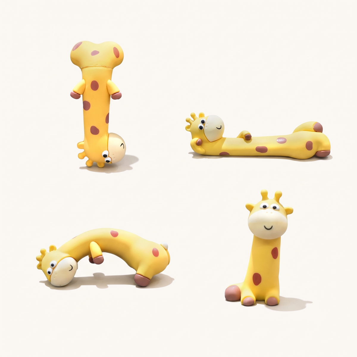 A minimalist studio grid showcase of the By1994 mini giraffe figure collection on a soft cream background, displaying all four playful poses: inverted headstand, lying relaxed, arched bridge, and sitting upright.