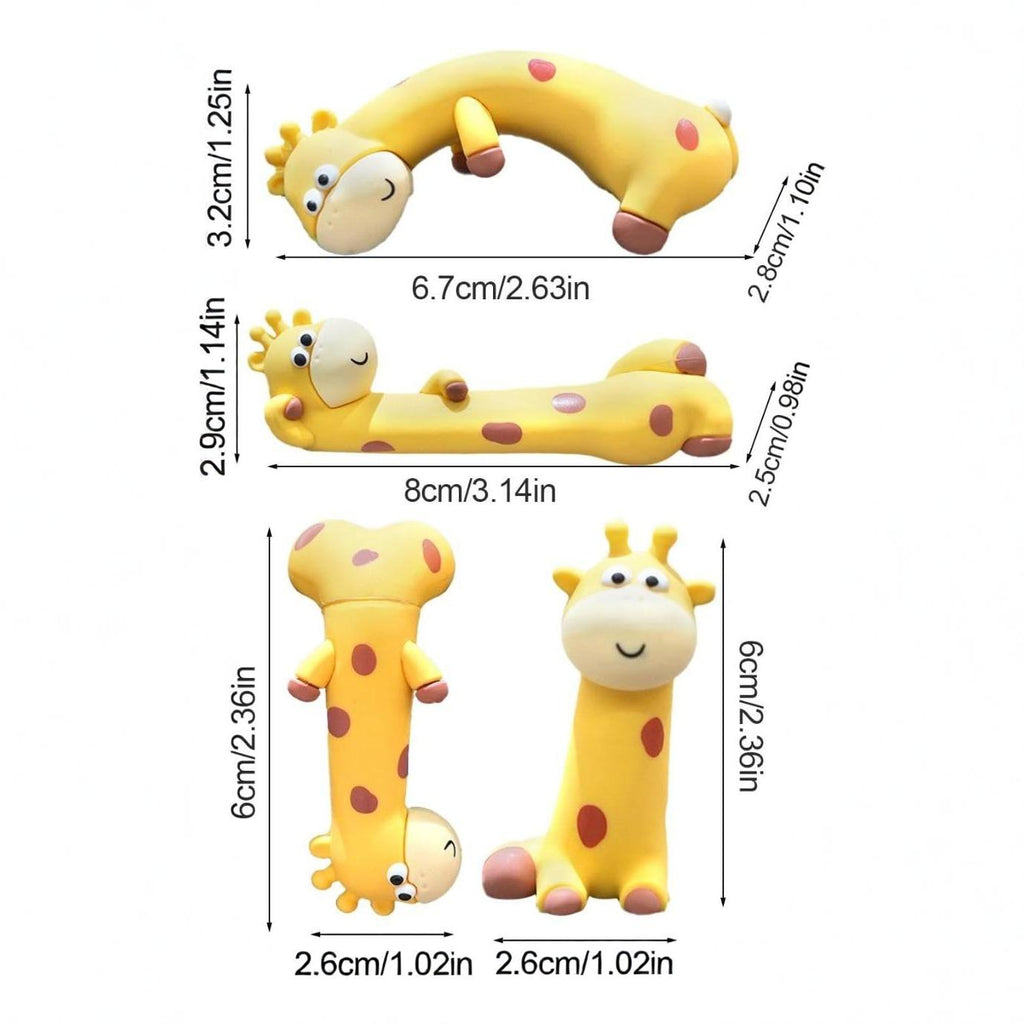 A technical dimension diagram specifying exact US measurements in inches for all 4 mini giraffe poses: arched posture (2.63 x 1.10 x 1.25 in), lying posture (3.14 x 0.98 x 1.14 in), inverted headstand (1.02 x 2.36 in), and sitting upright (1.02 x 2.36 in).