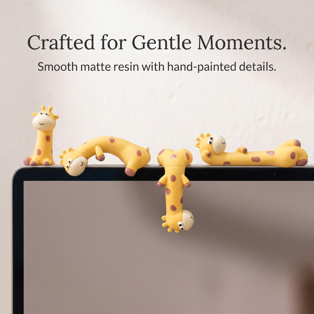 A close-up product lifestyle slide showing four mini giraffe figures balanced along the top edge of a computer screen, with text overlay reading Crafted for Gentle Moments. Smooth matte resin with hand-painted details.