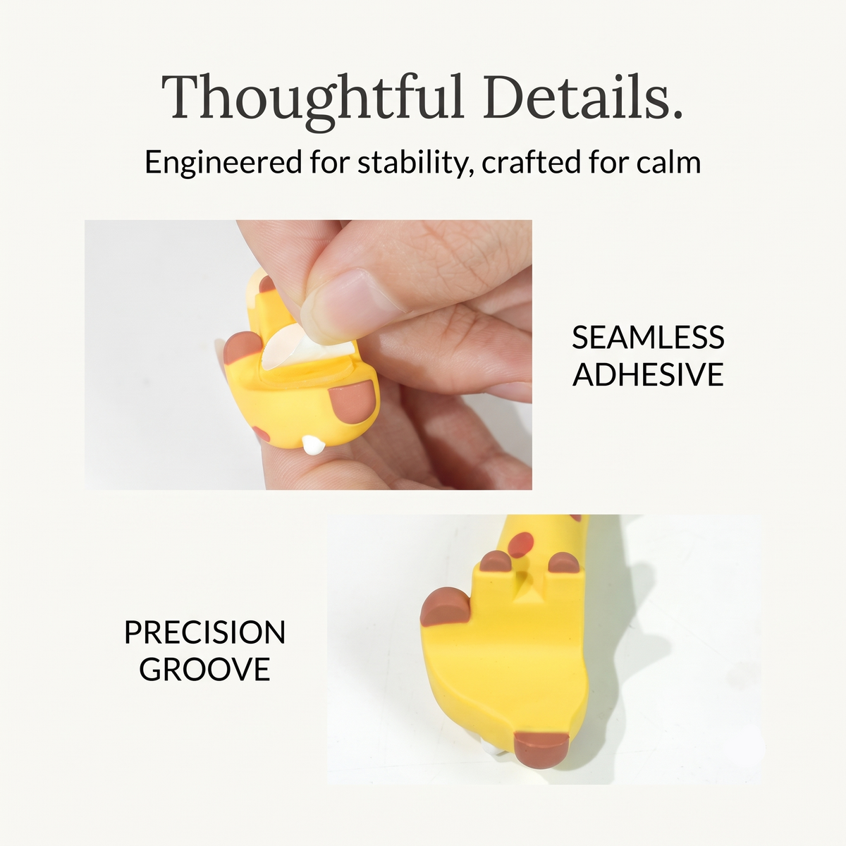 A feature infographic slide highlighting the mounting design of the By1994 mini giraffe figure with text overlay Thoughtful Details and Engineered for stability, crafted for calm. Two detailed insets demonstrate hands peeling the SEAMLESS ADHESIVE film and a close-up of the molded PRECISION GROOVE underneath the yellow resin body for secure screen placement.