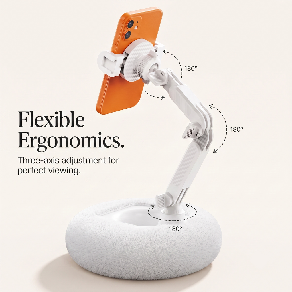 A technical feature infographic showing the back view of the Ivory White phone stand with text overlay Flexible Ergonomics and Three-axis adjustment for perfect viewing, with arrows detailing 180-degree rotation capabilities at three points.