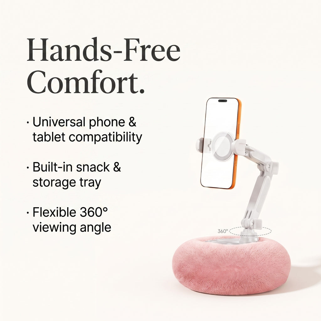 An infographic mockup of the Soft Pink pillow phone stand with text overlay reading Hands-Free Comfort, highlighting universal phone and tablet compatibility, built-in snack and storage tray, and a flexible 360-degree viewing angle