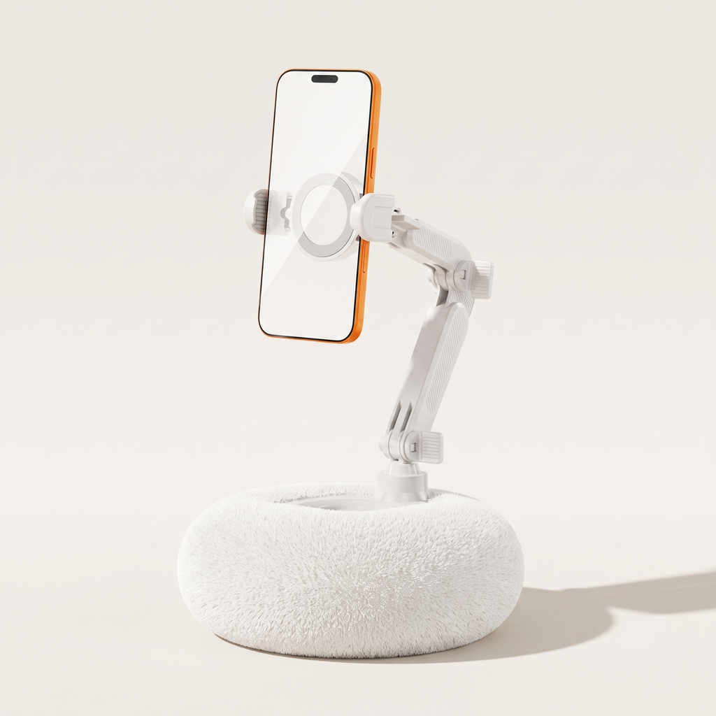 A crisp studio hero shot of the By1994 plush pillow phone holder in Ivory White, featuring a clean white mechanical arm holding a smartphone vertically on a light beige background.