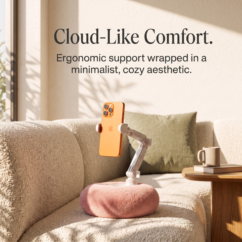 A warm daytime lifestyle shot of the By1994 standard plush pillow phone holder in Ivory White resting on a cozy fabric sofa. A smartphone is mounted horizontally for hands-free viewing next to a minimalist ceramic mug, bathed in soft afternoon natural light.