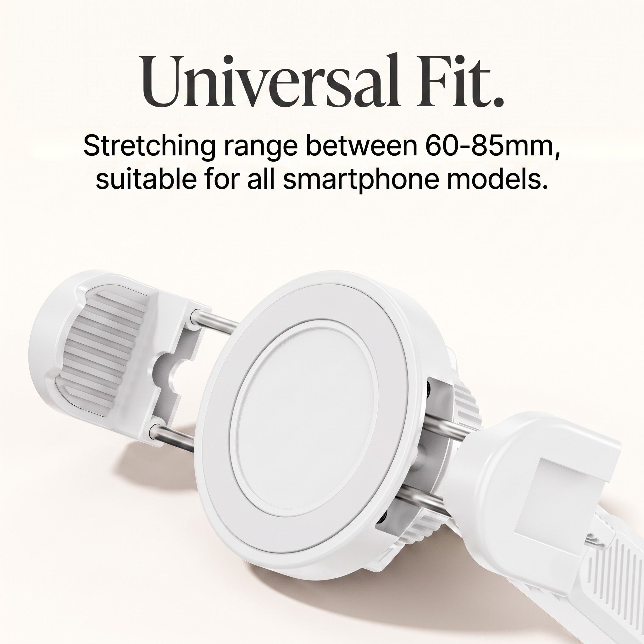 A close-up graphic mockup of the adjustable stretching clamp with text overlay Universal Fit and Stretching range between 60-85mm, suitable for all smartphone models.