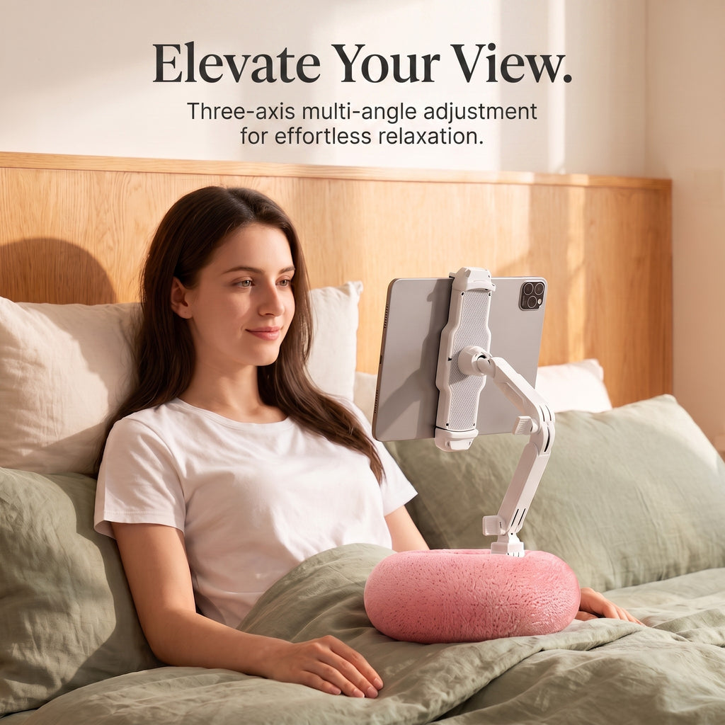 A cozy lifestyle bedroom image of a woman relaxing in bed, using the Soft Pink plush pillow tablet stand to hold an iPad horizontally, featuring text overlay Elevate Your View and Three-axis multi-angle adjustment for effortless relaxation.