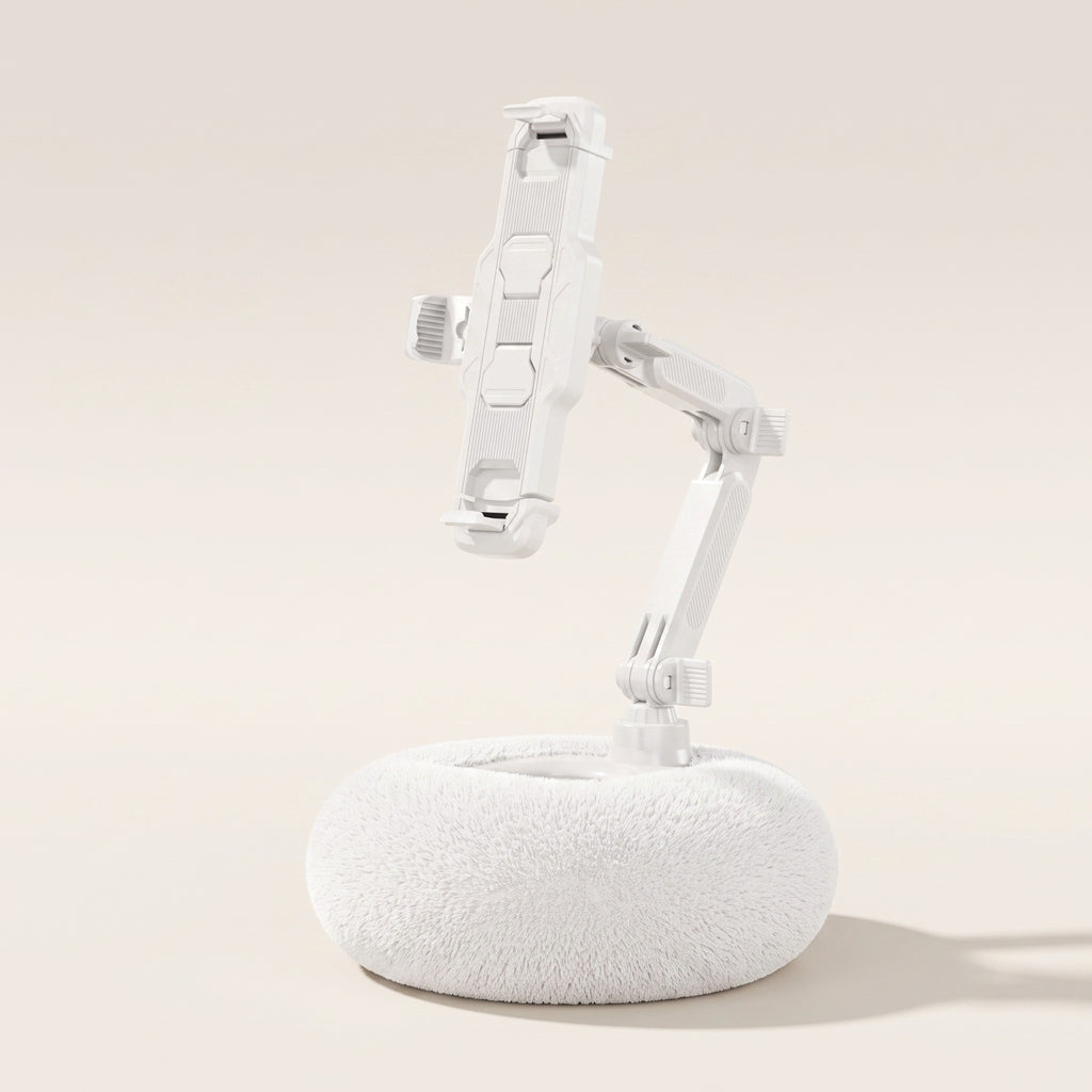 A studio product layout of the Ivory White large pillow tablet stand, displaying the sturdy mechanical arm extended with an empty universal tablet mounting bracket.