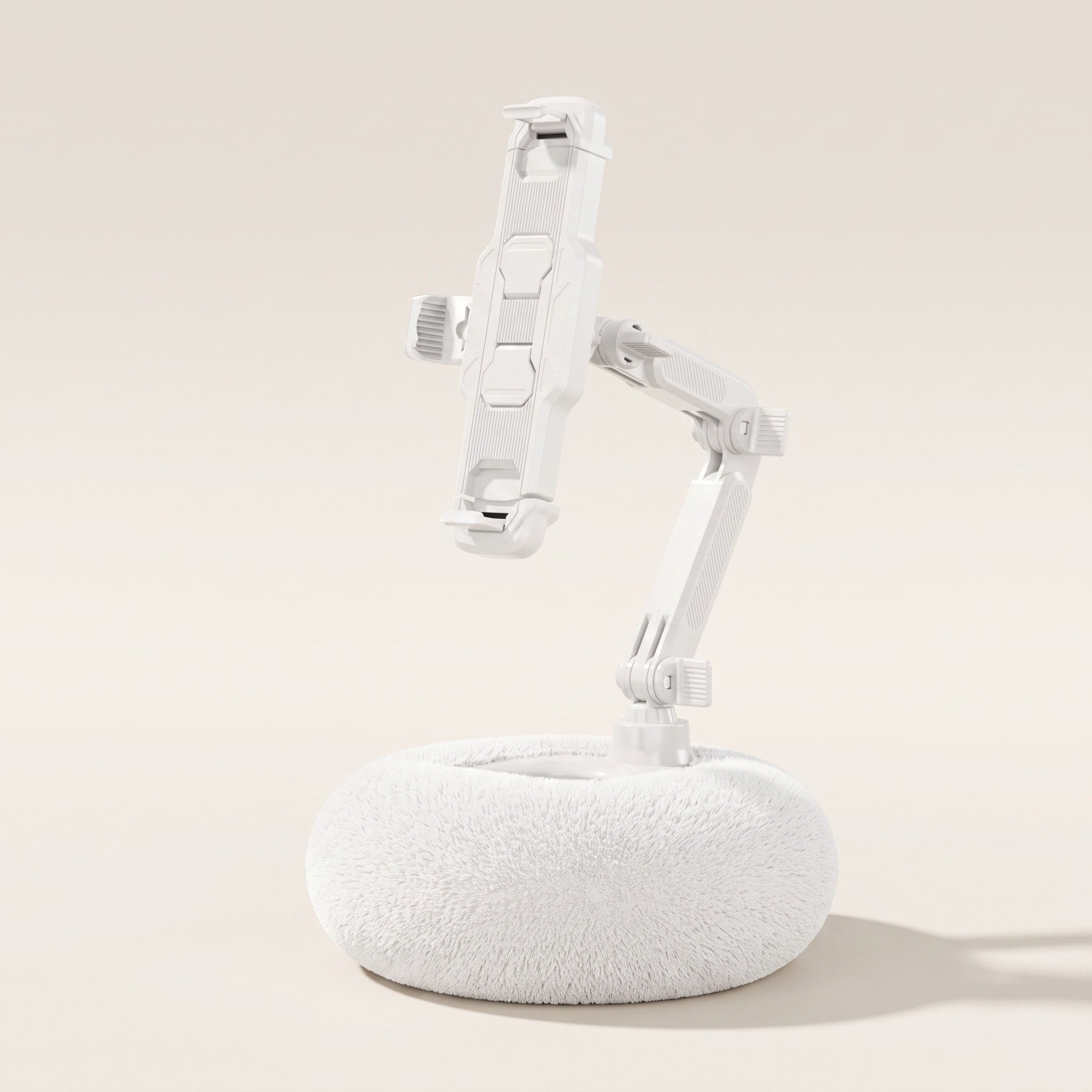 A studio product layout of the Ivory White large pillow tablet stand, displaying the sturdy mechanical arm extended with an empty universal tablet mounting bracket.