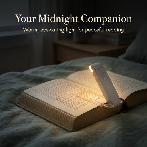 A cozy night lifestyle shot of the rechargeable clip-on book light attached to a book in bed, casting a warm focused light panel in a serene dark bedroom with clean white typographic text overlay reading Your Midnight Companion.
